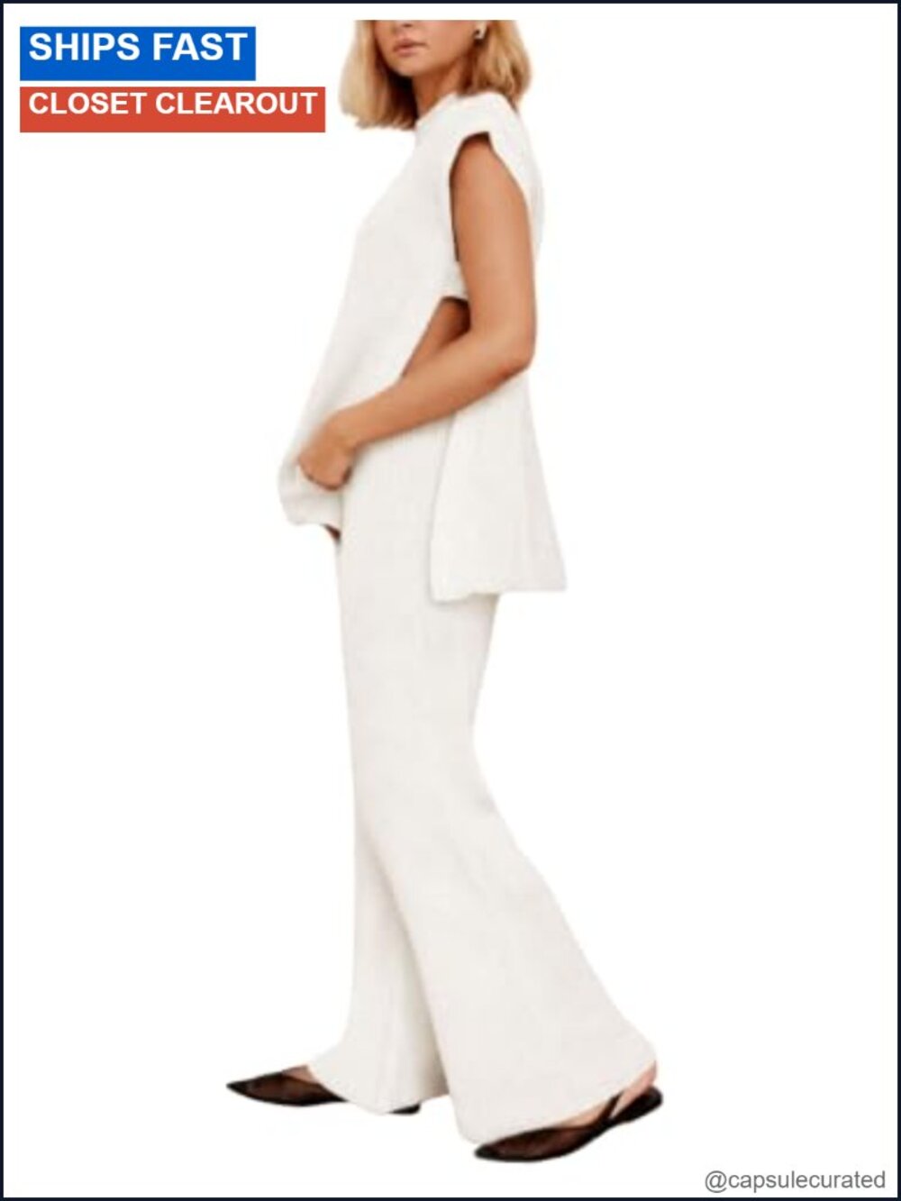 Knit 2 Piece Lounge Set Sleeveless Top Wide Leg Pants Matching Set